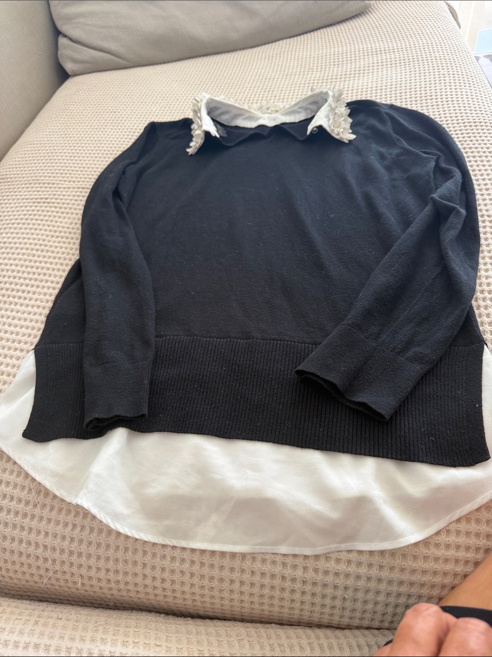 Ted Baker Black Sweater with White Shirt Hem and Lace Collar
